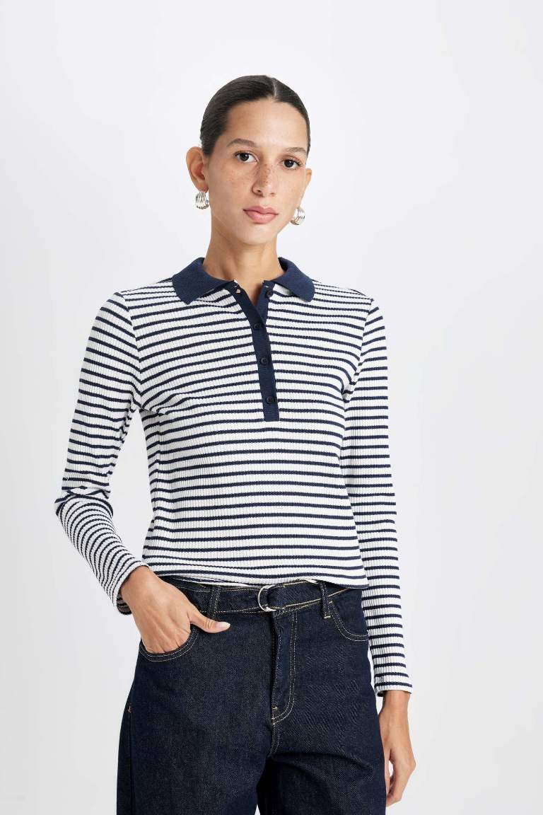 Slim Fit Polo Neck Buttoned Striped T-Shirt