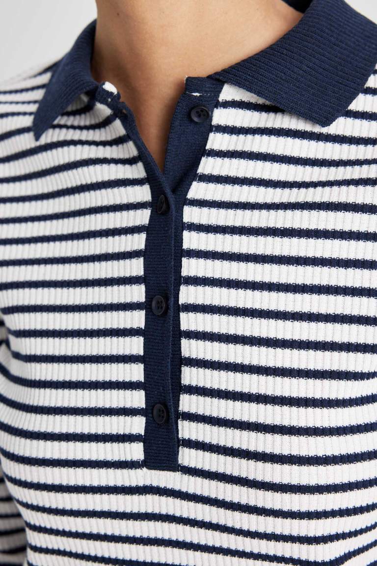 Slim Fit Polo Neck Buttoned Striped T-Shirt