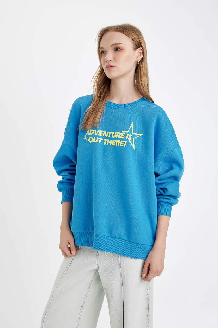 Loose Fit Crew Neck Printed Thick Fabric Sweatshirt