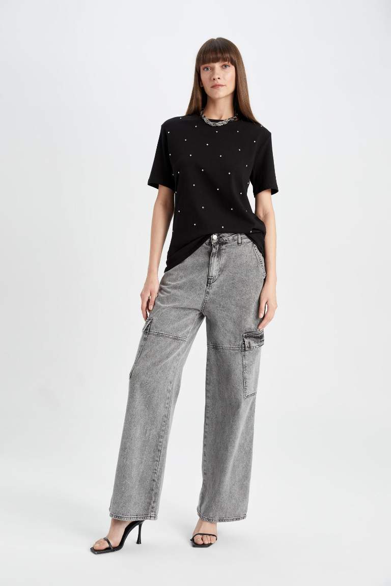 Regular Fit Crew Neck Stone Detailed Casual T-Shirt