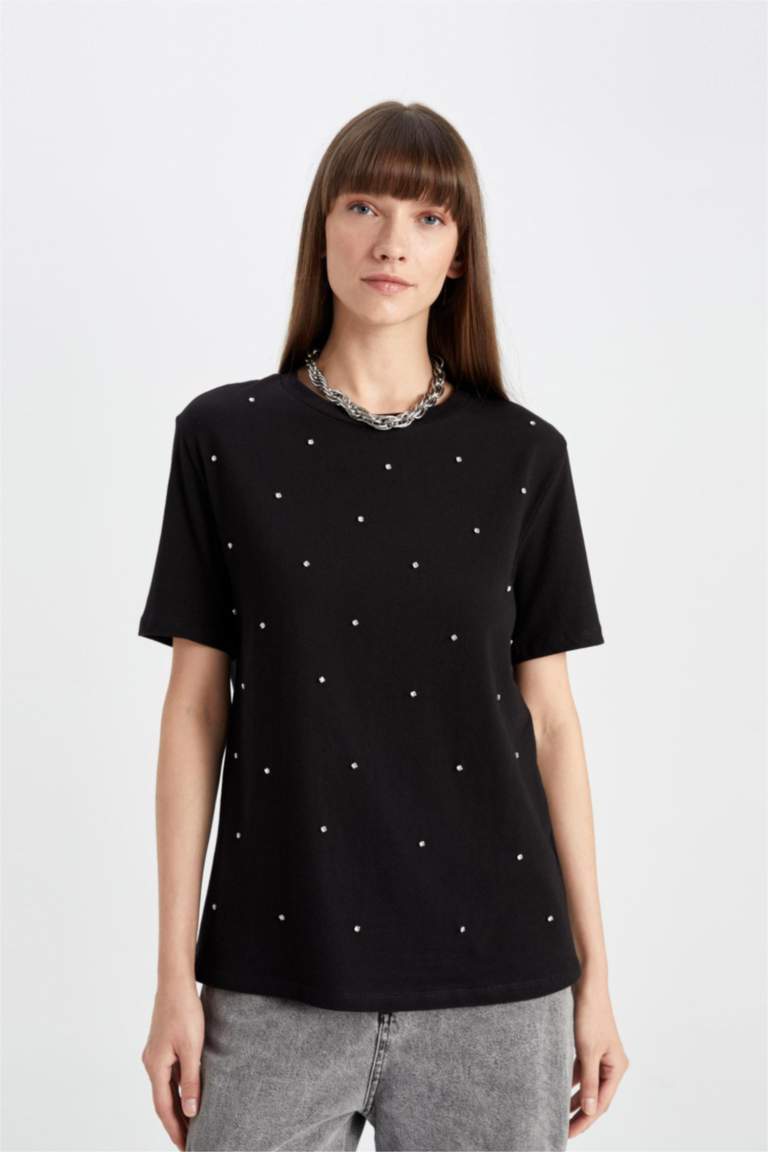 Regular Fit Crew Neck Stone Detailed Casual T-Shirt