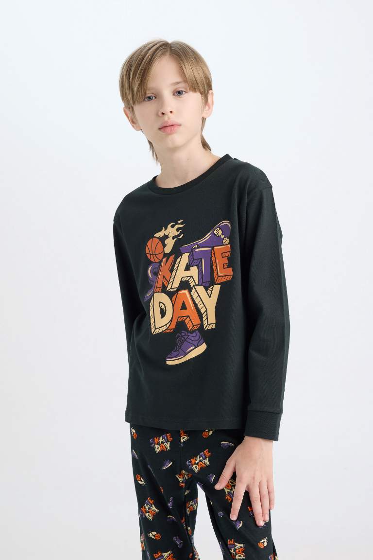 Boy Printed Long Sleeve Top Bottom 2 Piece Pajama Set