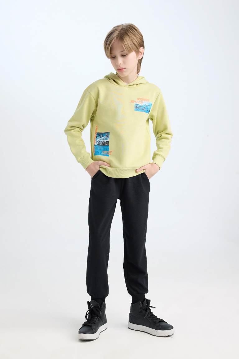 Boy Hooded Printed Thick Sweatshirt Sweatpants 2 Piece Set