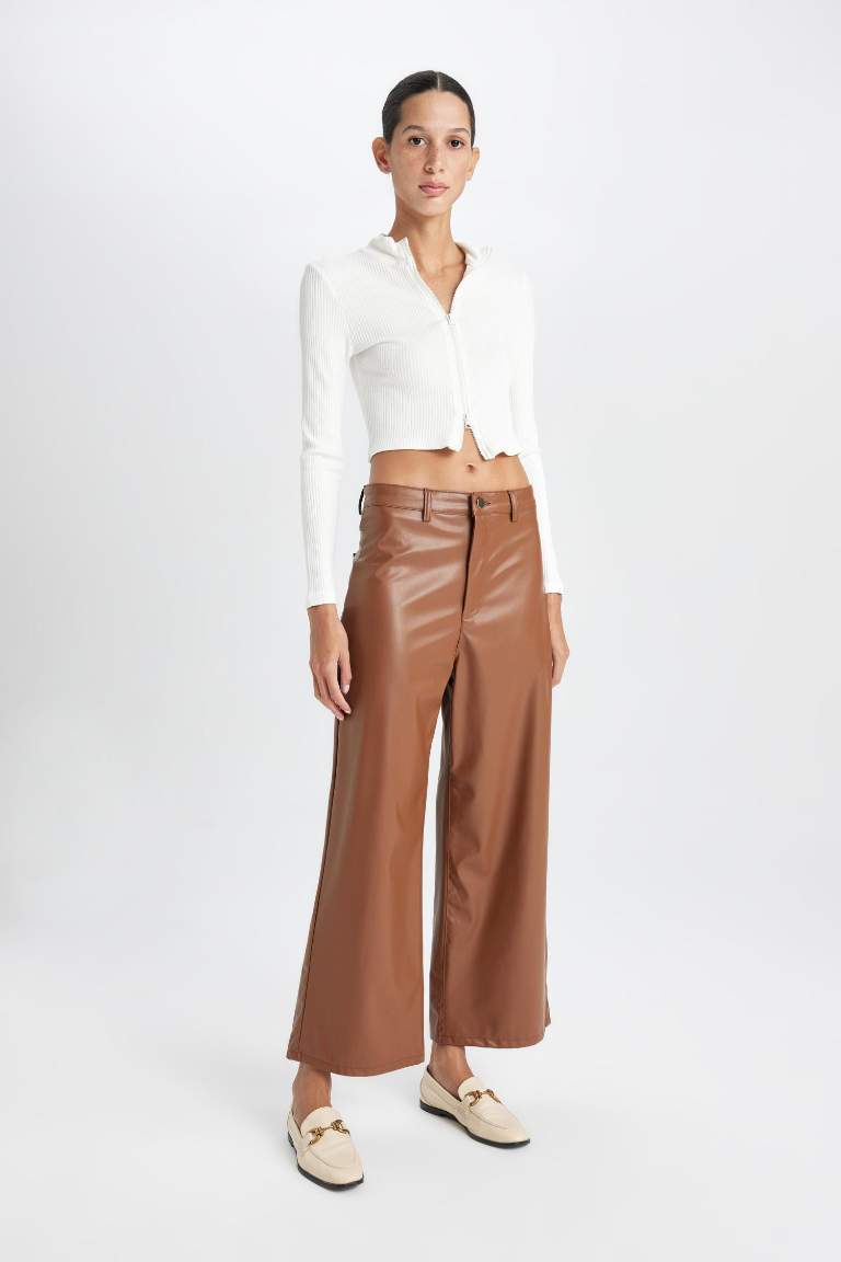 Culotte Crop Suni Deri Pantolon Yüksek Bel Geniş Bol Paça