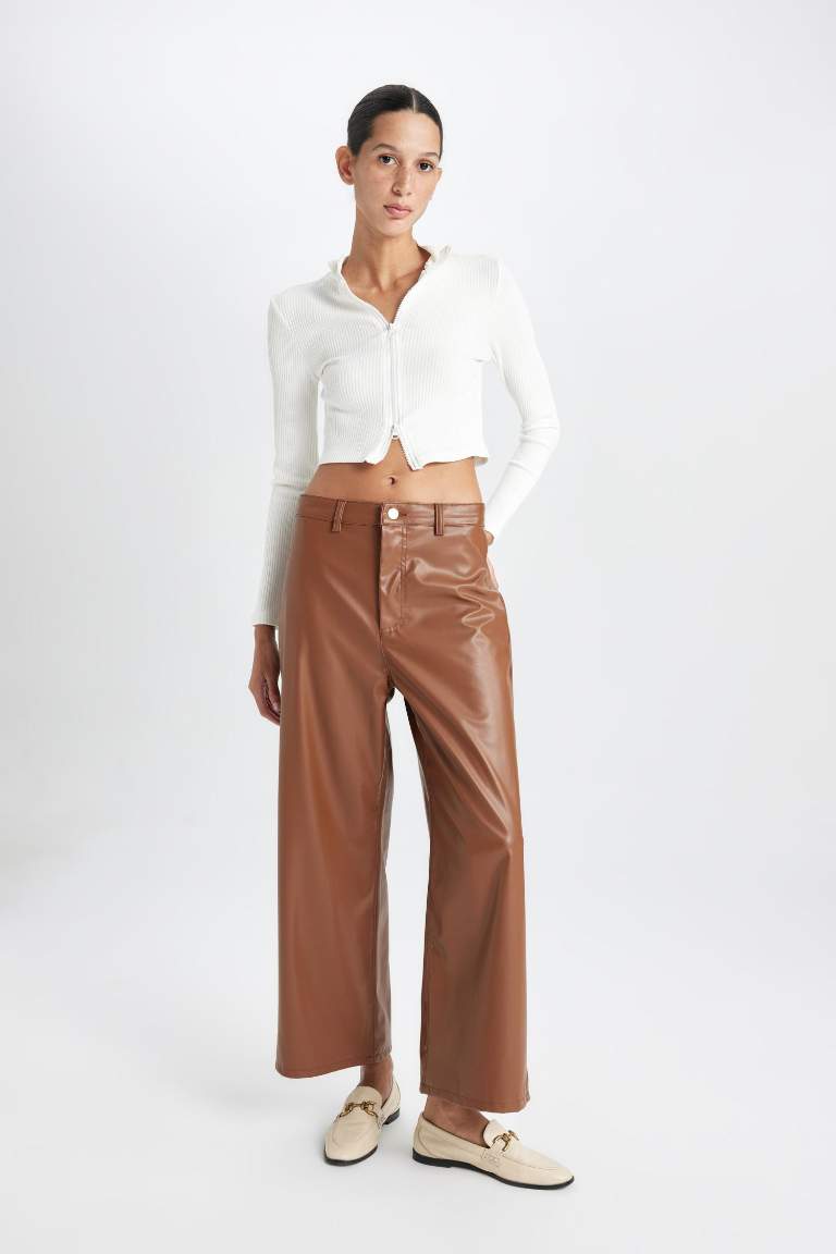 Culotte Crop Suni Deri Pantolon Yüksek Bel Geniş Bol Paça
