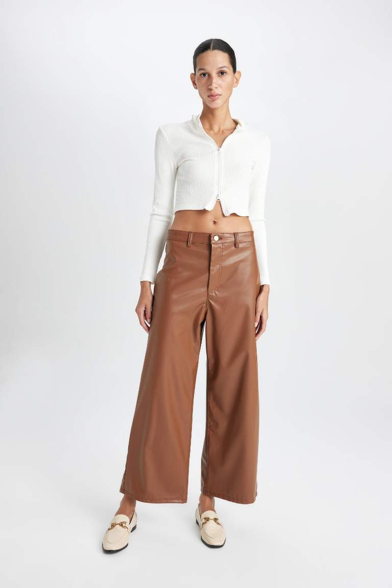 Culotte Crop Suni Deri Pantolon Yüksek Bel Geniş Bol Paça