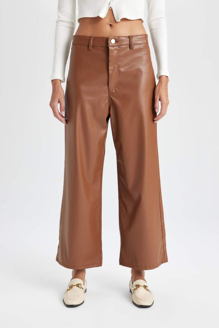 Culotte Crop Suni Deri Pantolon Yüksek Bel Geniş Bol Paça