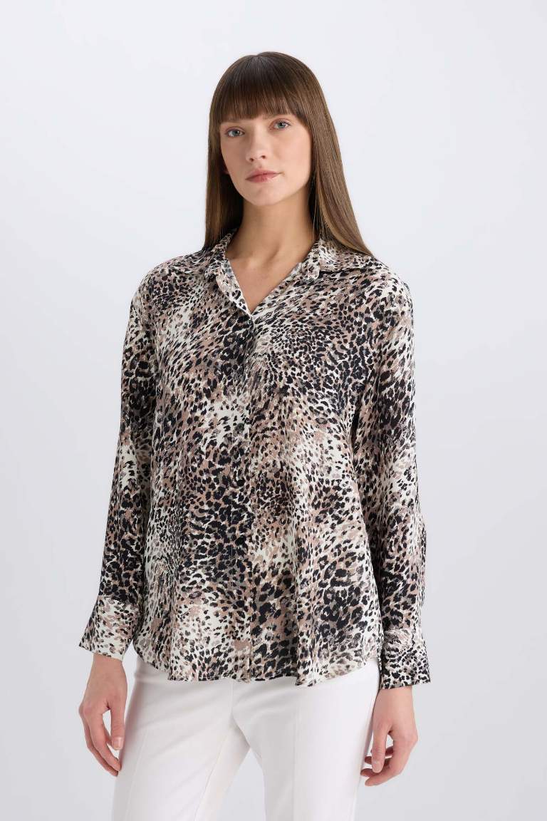 Oversize Fit Shirt Collar Animal Long Sleeve Shirt