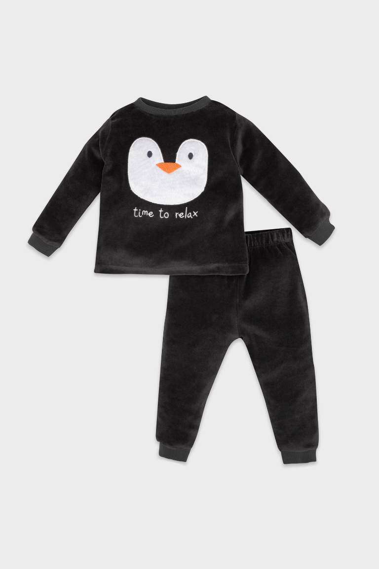 Baby Boy Penguin Patterned Velour Long Sleeve 2 Piece Pajama Set