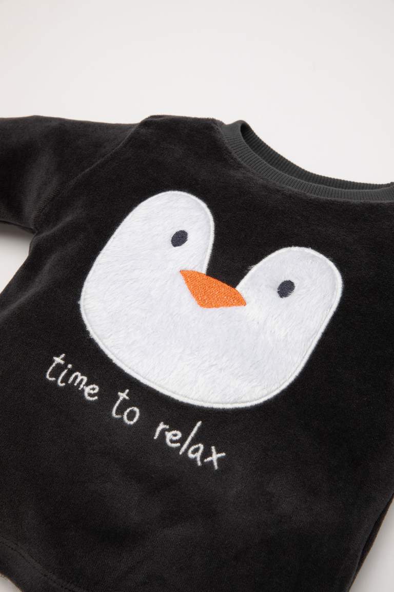 Baby Boy Penguin Patterned Velour Long Sleeve 2 Piece Pajama Set