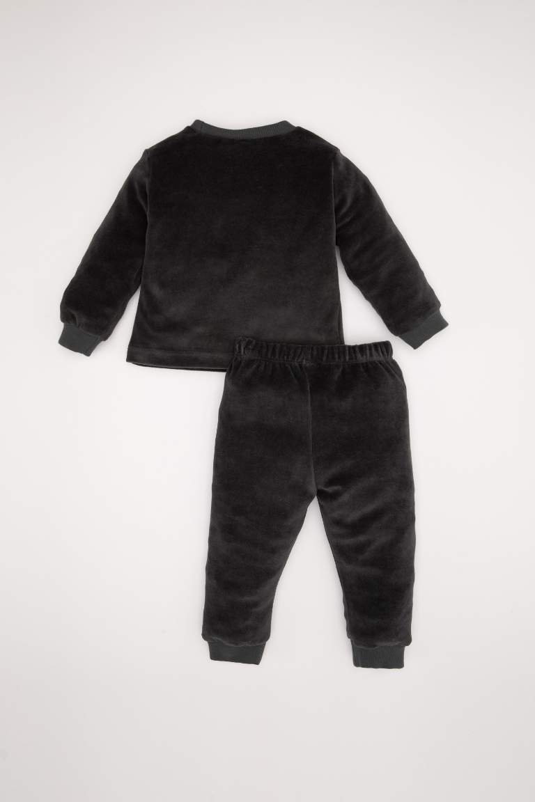 Baby Boy Penguin Patterned Velour Long Sleeve 2 Piece Pajama Set