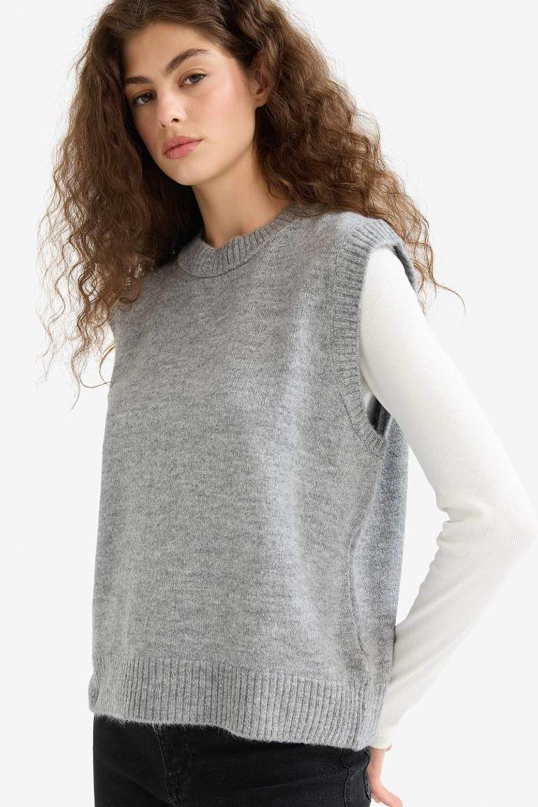 Regular Fit Basic Düz Bisiklet Yaka Triko Süveter