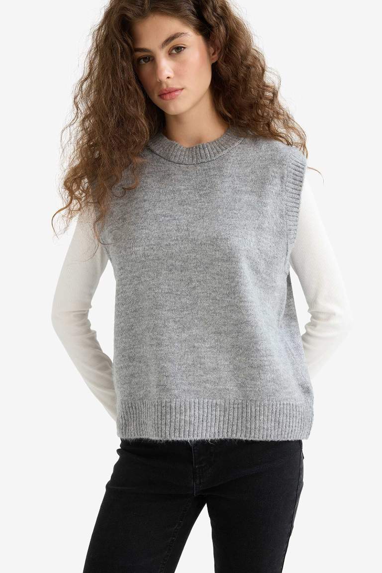 Regular Fit Basic Düz Bisiklet Yaka Triko Süveter