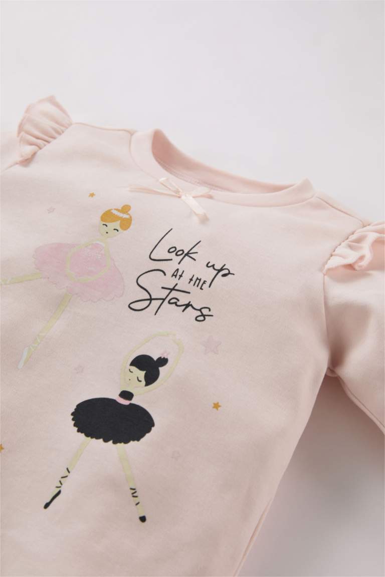Kız Bebek Pijama Takımı Balerin Baskılı Uzun Kollu Üst Beli Lastikli Uzun Alt