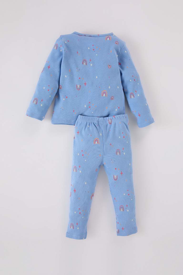 Kız Bebek Pijama Takımı Gökkuşağı Baskılı Uzun Kollu Fitilli Kaşkorse Üst Uzun Alt