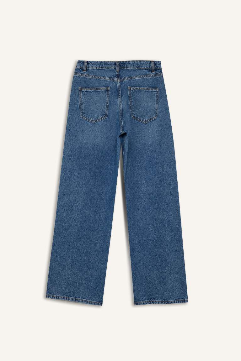 Pantalon Jean taille haute long et délavé à jambes larges