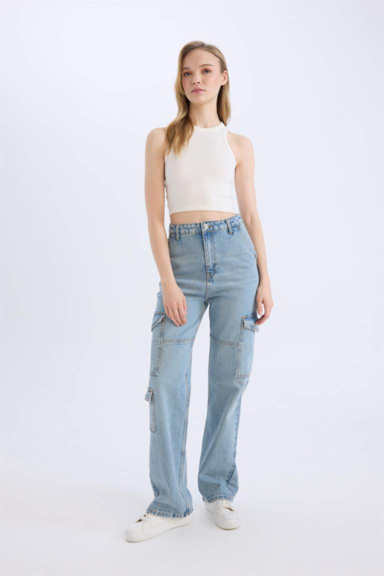 Wide Leg Kargo Yüksek Bel Düz Paça Uzun Jean Yıkamalı Pantolon