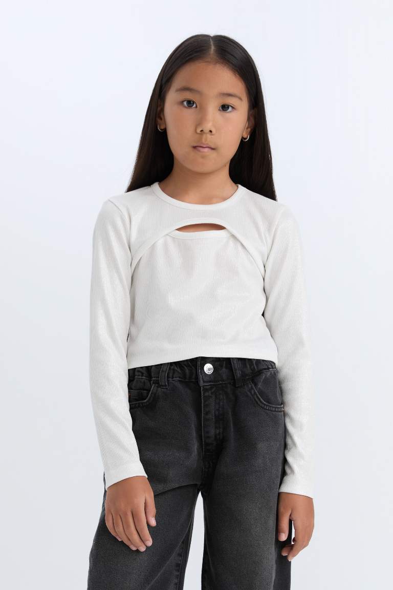 T-shirt Slim à manches longues et col rond en tissu brillant pour Fille