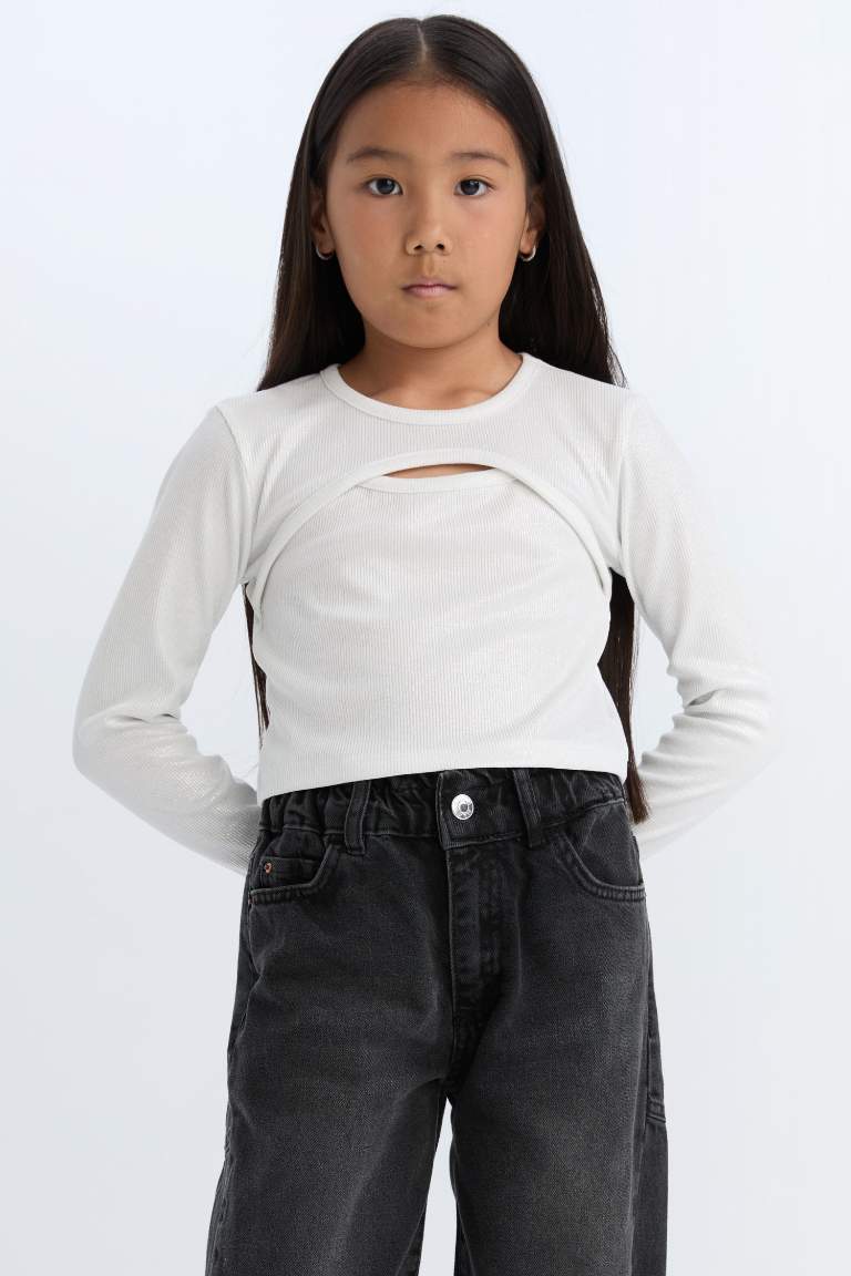 T-shirt Slim à manches longues et col rond en tissu brillant pour Fille