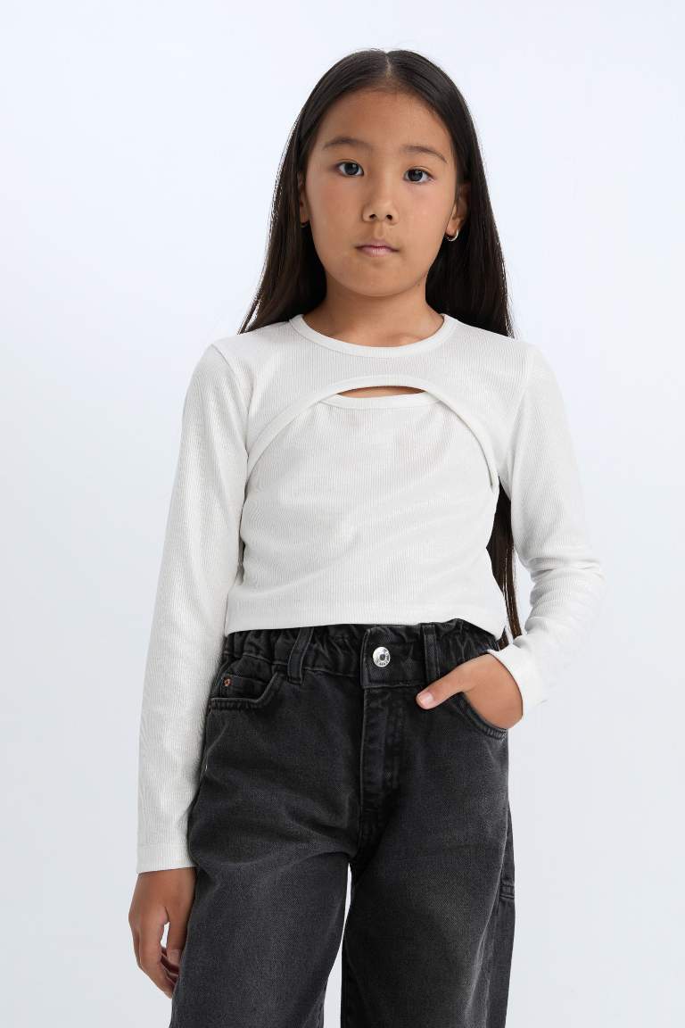 T-shirt Slim à manches longues et col rond en tissu brillant pour Fille