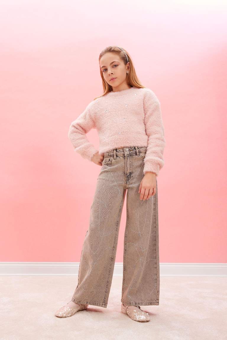 Kız Çocuk Yılbaşı Temalı Wide Leg Geniş Paça Jean Pantolon