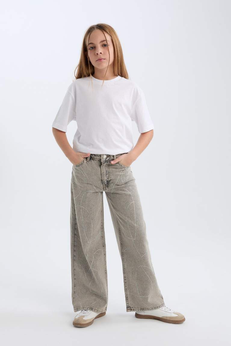 Kız Çocuk Yılbaşı Temalı Wide Leg Geniş Paça Jean Pantolon