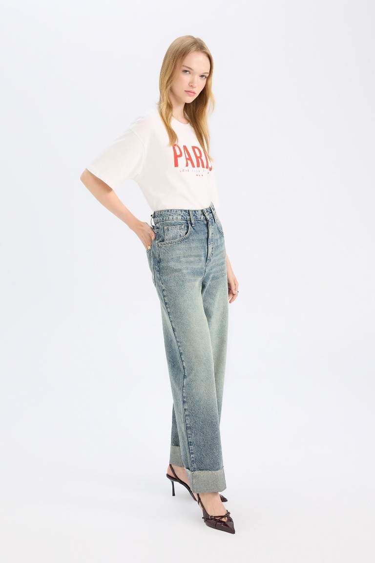 Baggy Fit Yüksek Bel Katlamalı Paça Bilek Boy Jean Yıkamalı Pantolon