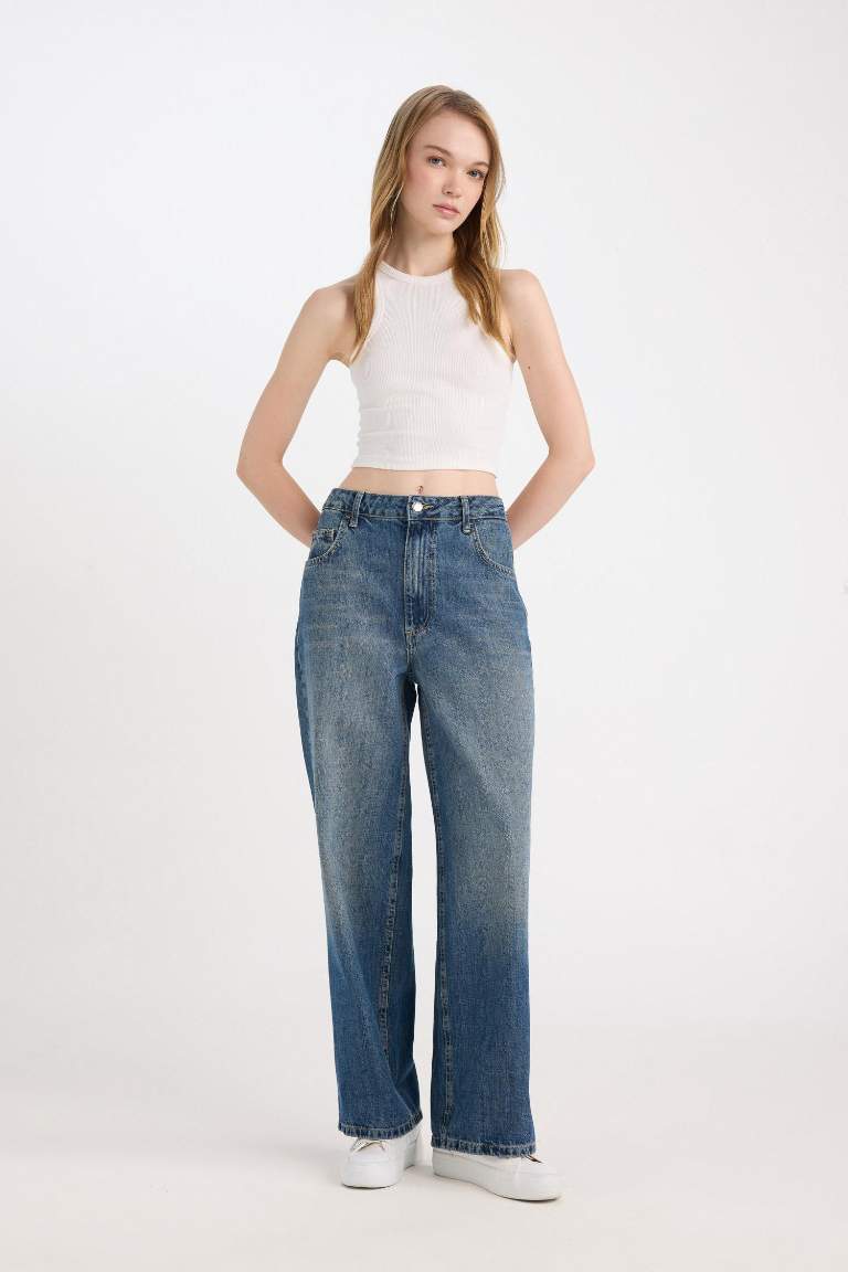 Baggy Fit Yüksek Bel Katlamalı Paça Bilek Boy Yıkamalı Jean Pantolon