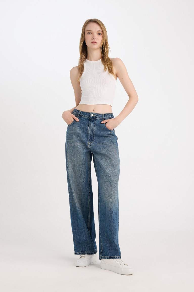 Baggy Fit Yüksek Bel Katlamalı Paça Bilek Boy Yıkamalı Jean Pantolon