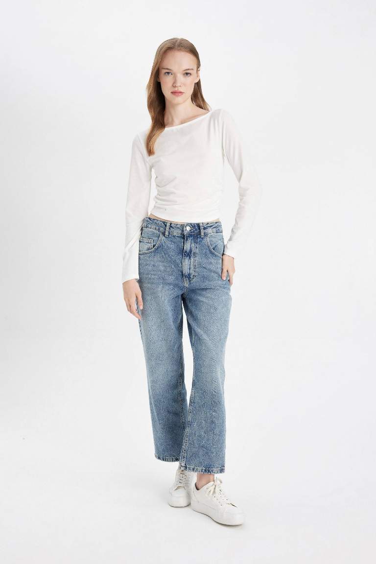 Baggy Fit Yüksek Bel Katlamalı Paça Bilek Boy Jean Yıkamalı Pantolon