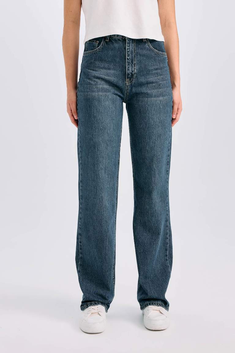 Pantalon Jean taille haute large délavé et long Style des années 90