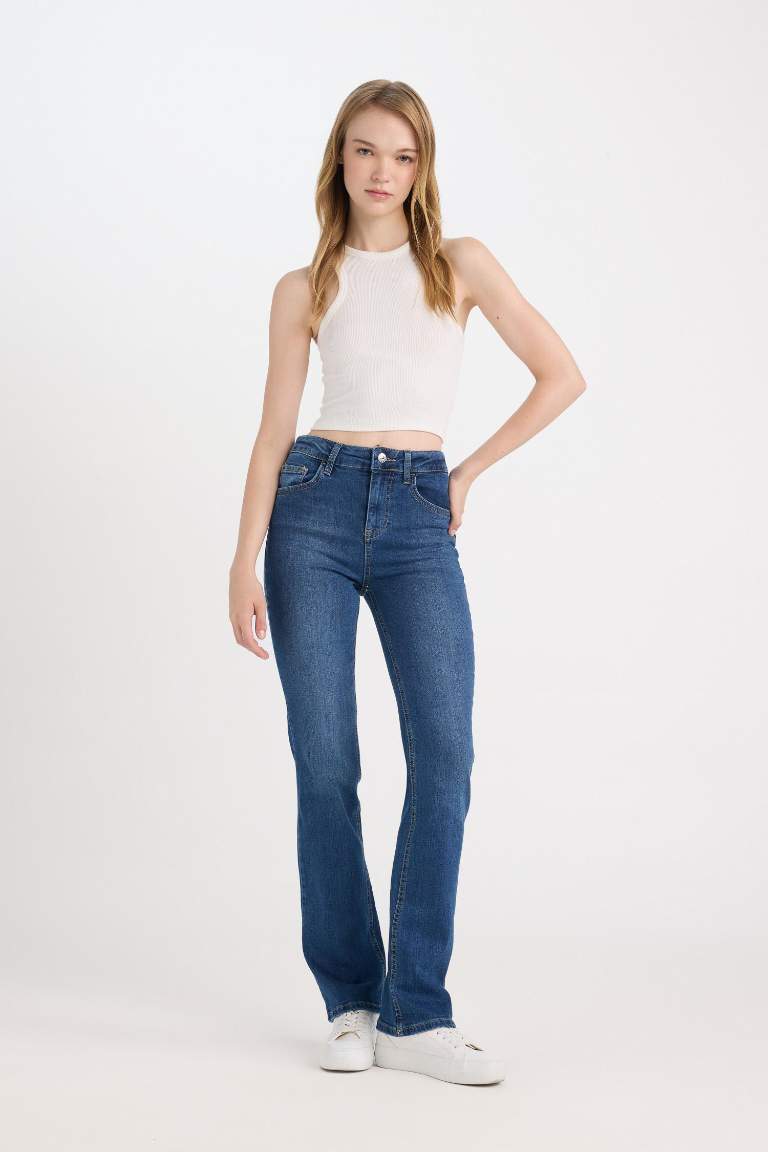 Bootcut Normal Bel Cepli Uzun Jean Yıkamalı Pantolon
