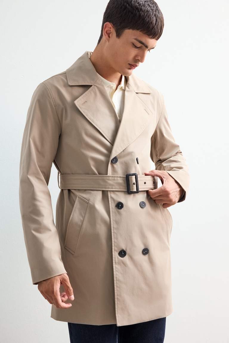 Slim Fit Dar Kesim Kemerli Düğmeli Trençkot