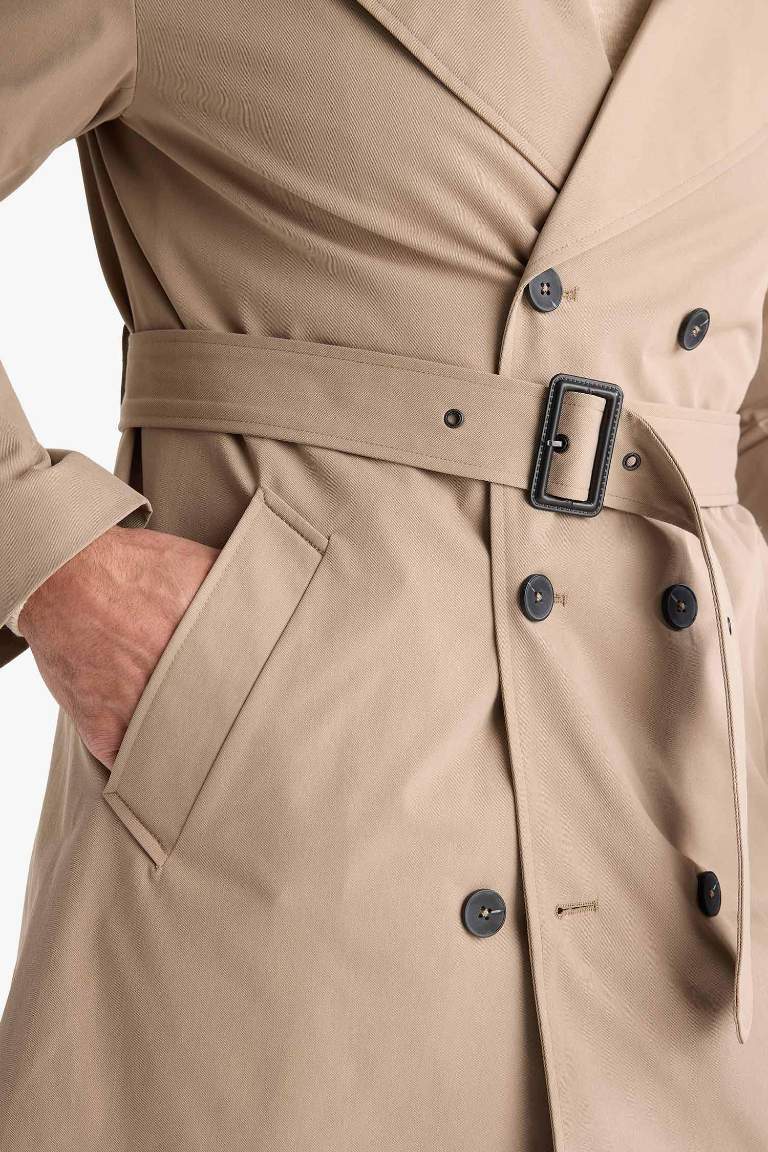 Slim Fit Dar Kesim Kemerli Düğmeli Trençkot