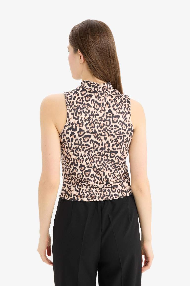 Slim Fit Leopard Patterned Half Turtleneck Tank Top