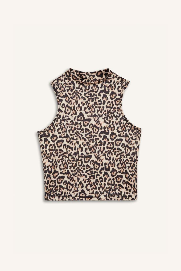 Slim Fit Leopard Patterned Half Turtleneck Tank Top