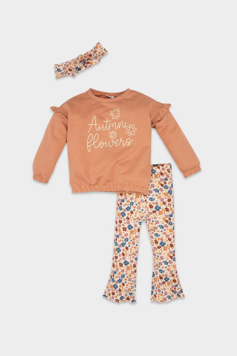 Kız Bebek 3'lü Takım Baskılı Bisiklet Yaka Sweatshirt Çiçekli Tayt Saç Bandı