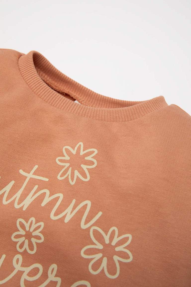 Kız Bebek 3'lü Takım Baskılı Bisiklet Yaka Sweatshirt Çiçekli Tayt Saç Bandı