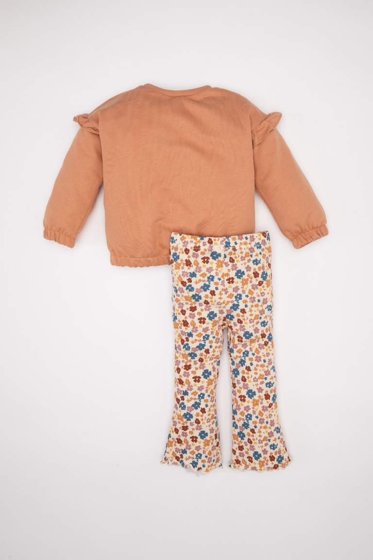 Kız Bebek 3'lü Takım Baskılı Bisiklet Yaka Sweatshirt Çiçekli Tayt Saç Bandı