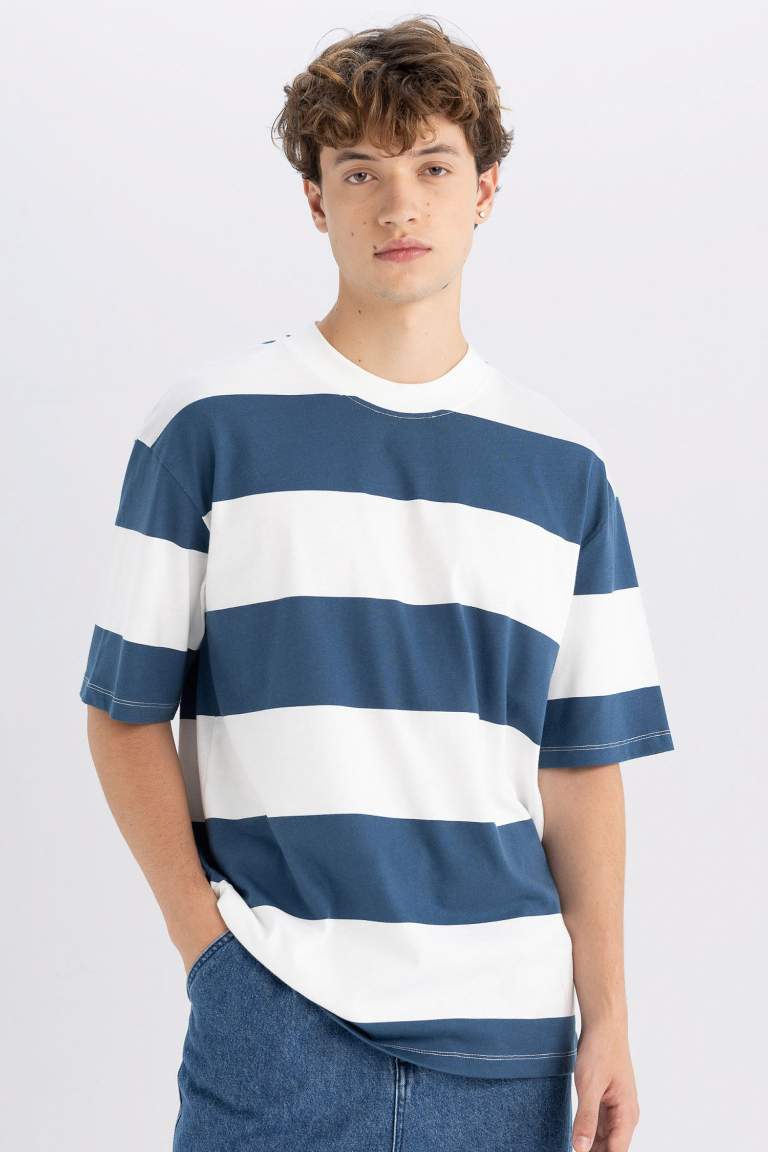 Boxy Fit Crew Neck Striped Cotton Short Sleeve T-Shirt