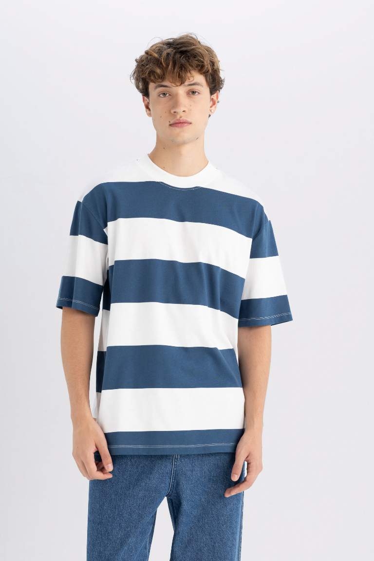 Boxy Fit Crew Neck Striped Cotton Short Sleeve T-Shirt