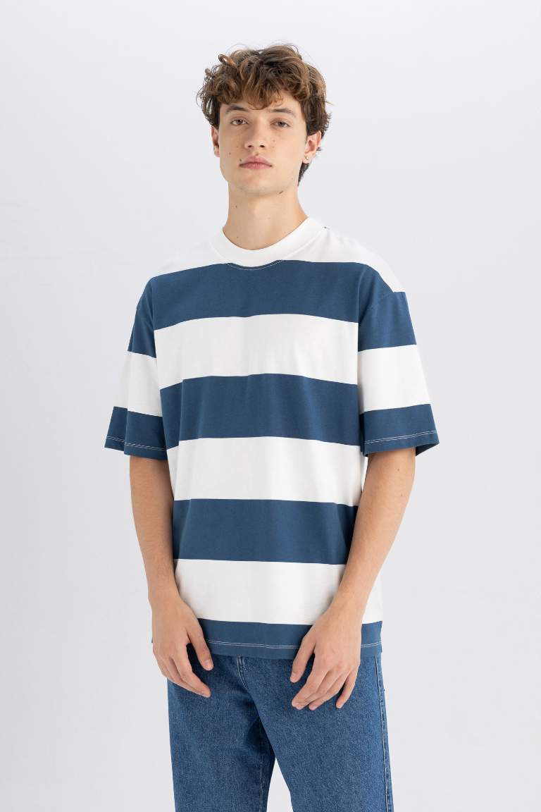 Boxy Fit Crew Neck Striped Cotton Short Sleeve T-Shirt