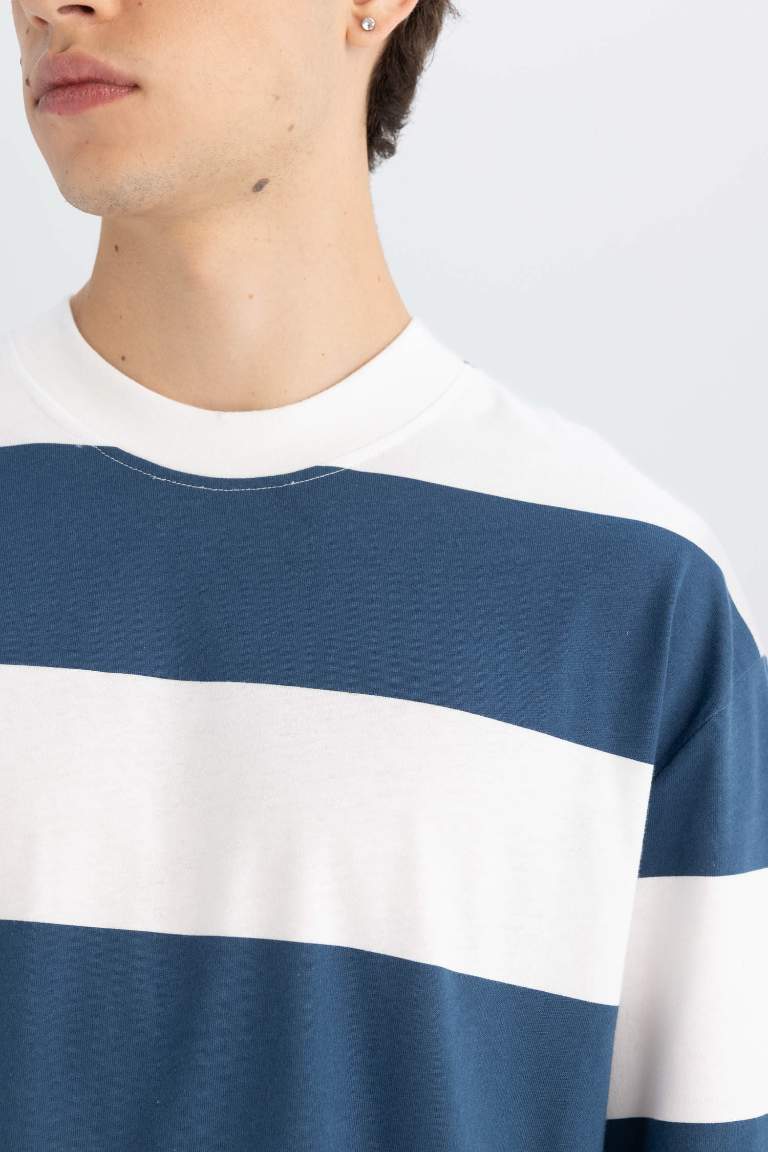 Boxy Fit Crew Neck Striped Cotton Short Sleeve T-Shirt