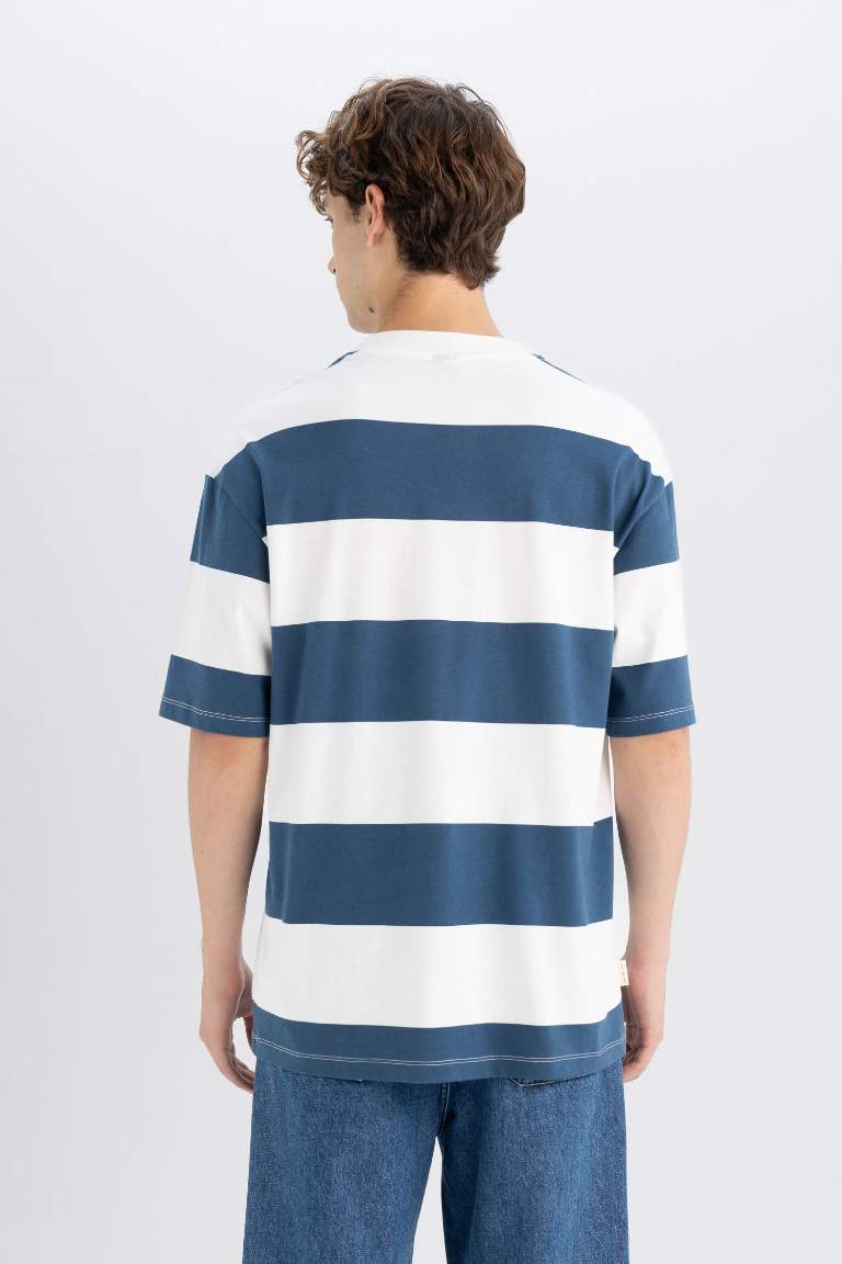 Boxy Fit Crew Neck Striped Cotton Short Sleeve T-Shirt