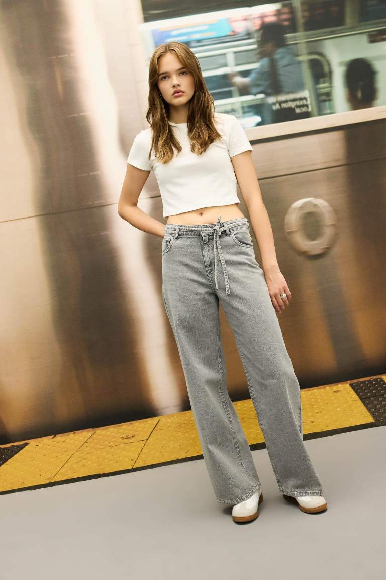 Loose Wide Leg Geniş Paça Yüksek Bel Uzun Jean Yıkamalı Pantolon
