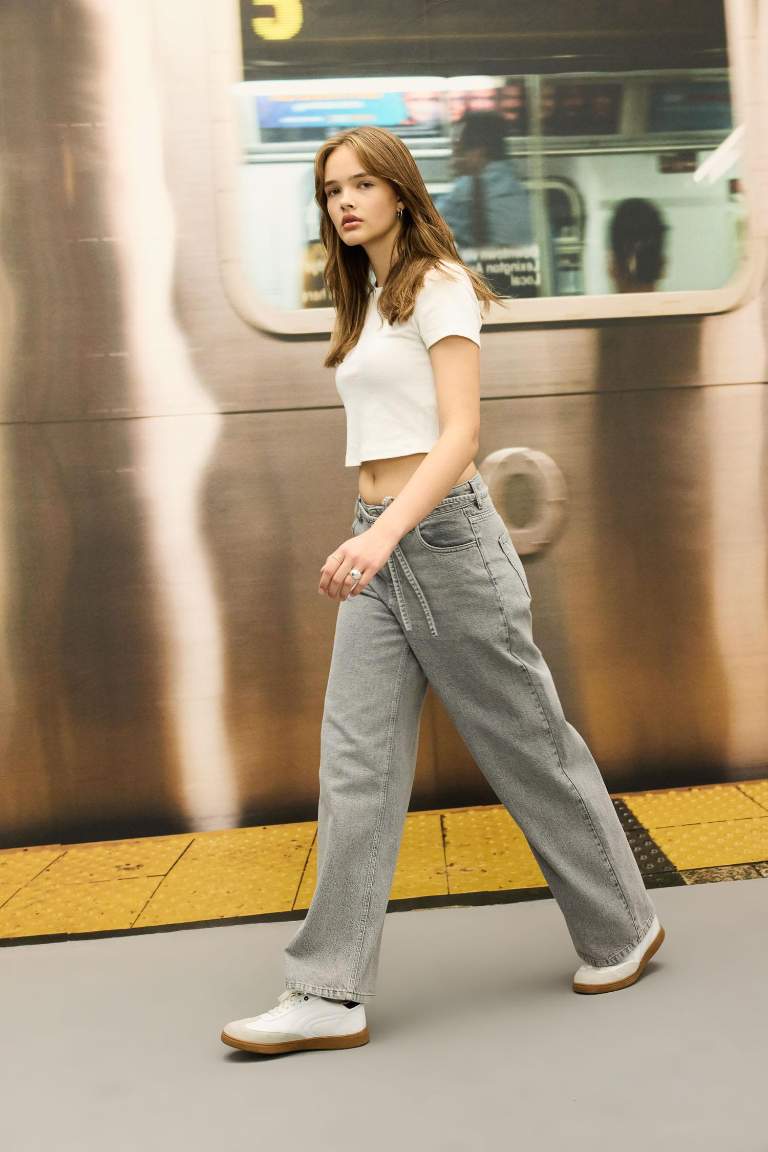 Loose Wide Leg Geniş Paça Yüksek Bel Uzun Jean Yıkamalı Pantolon