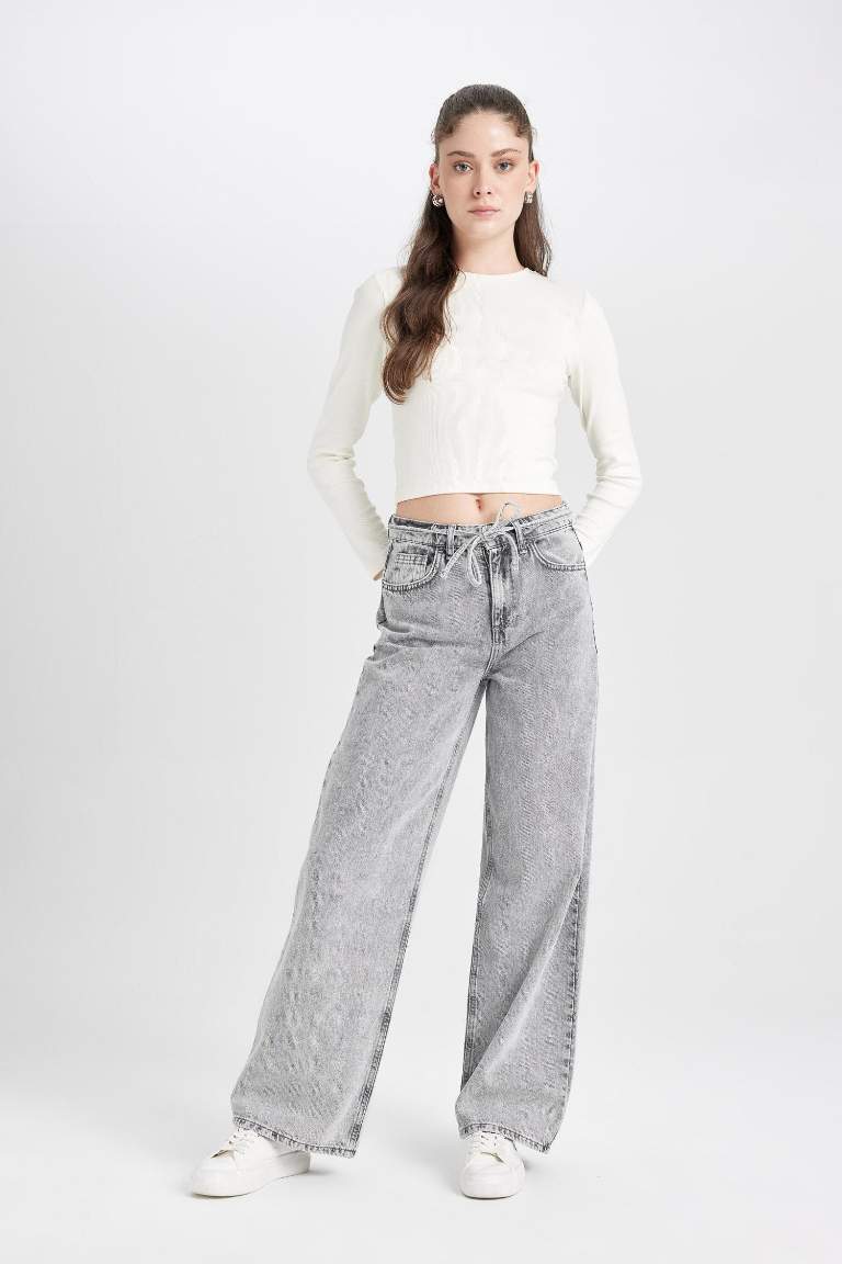 Loose Wide Leg Geniş Paça Yüksek Bel Uzun Jean Yıkamalı Pantolon