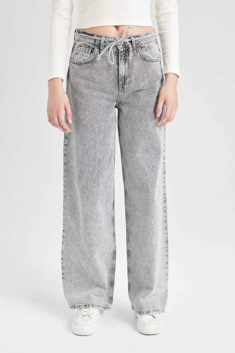 Loose Wide Leg Geniş Paça Yüksek Bel Uzun Jean Yıkamalı Pantolon