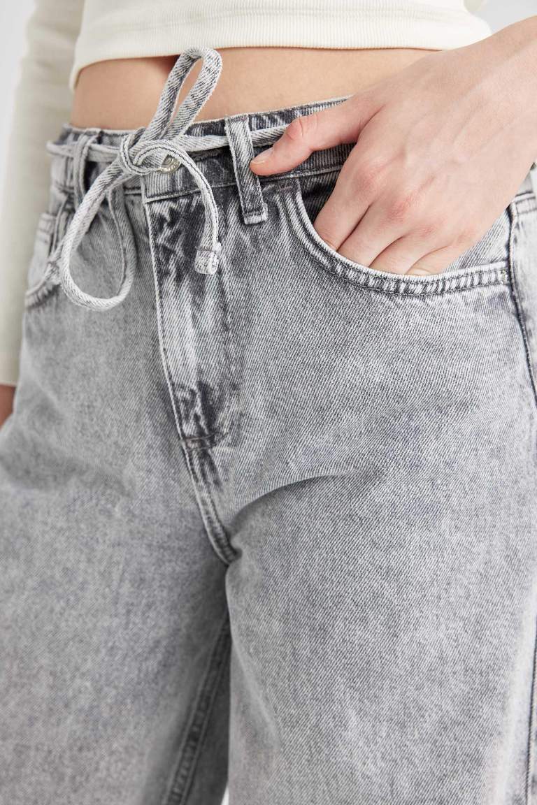 Loose Wide Leg Geniş Paça Yüksek Bel Uzun Jean Yıkamalı Pantolon