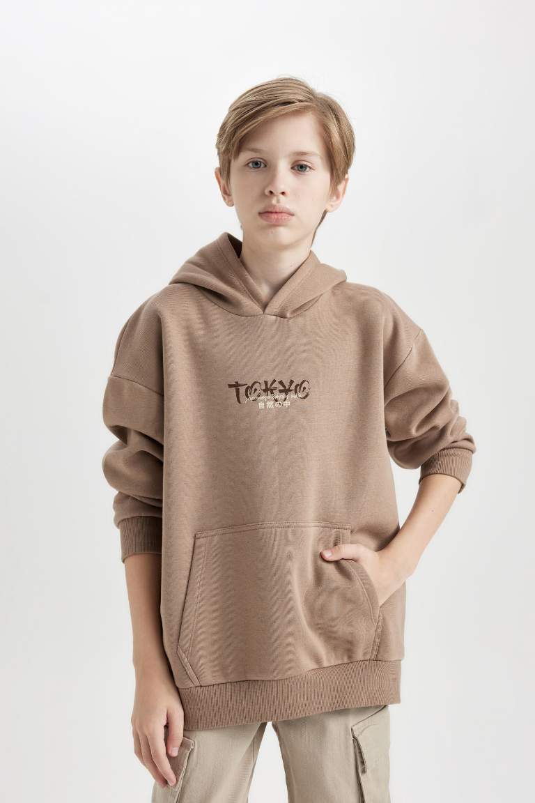 Boy Oversize Fit Back Printed Hooded Sweatshirt